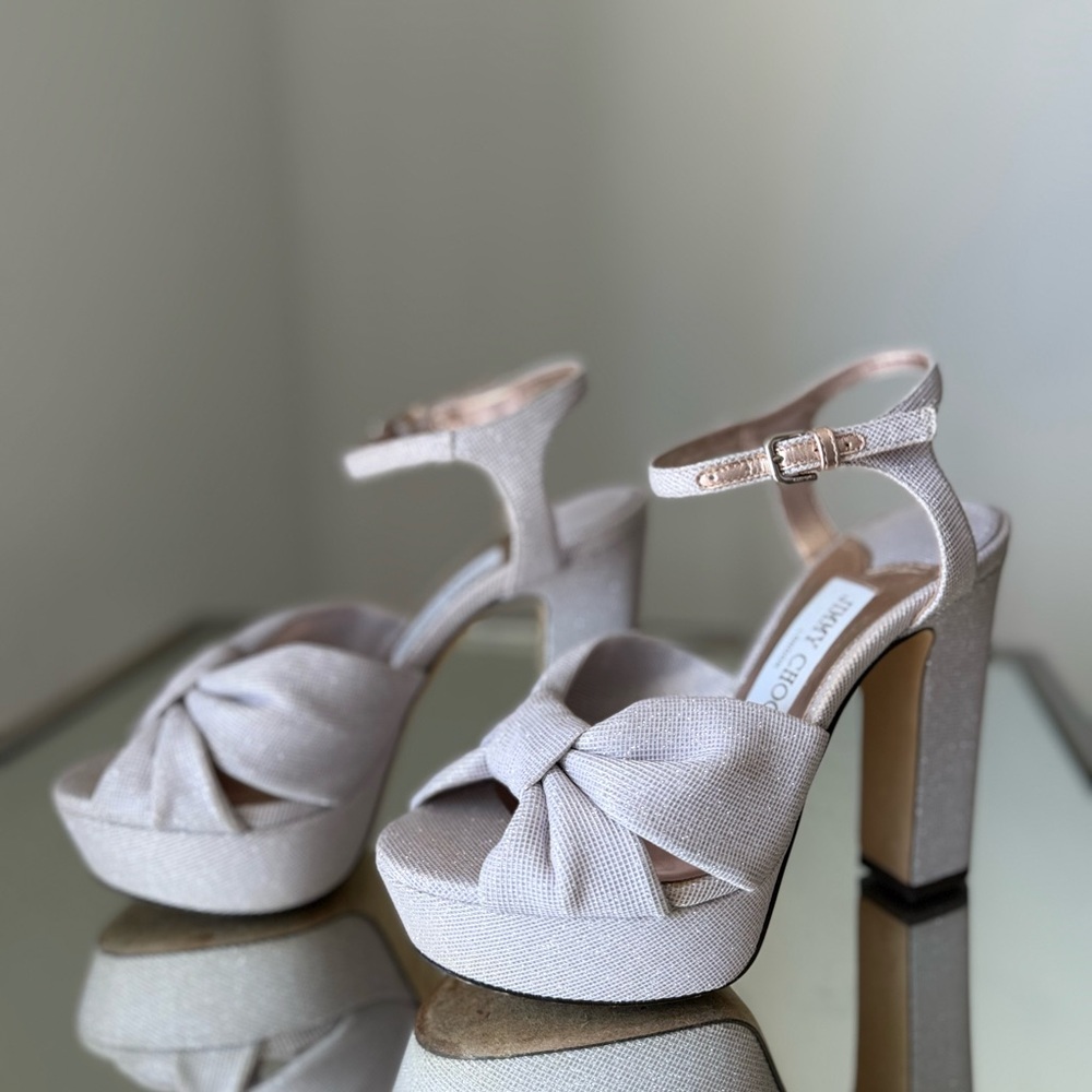 EUC JIMMY CHOO Heloise 120MM Glitter Platform Sandals Macaron 36.5 $1,025 - Picture 5 of 13